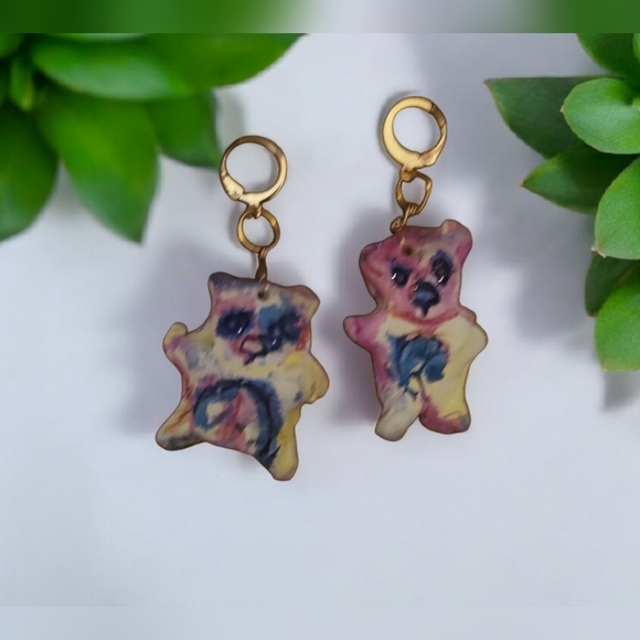 14k Gold Plated Air Dry Clay Bears Earrings - Picture 1 of 2